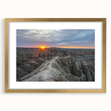 Extra large abstract art print of South Dakota Badlands in muted earth tones, framed in gold, ideal for living room decor.