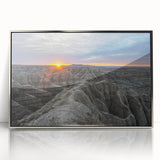 Mid-century modernist art depicting the Badlands in South Dakota, featuring muted earth tones on a framed acrylic print.