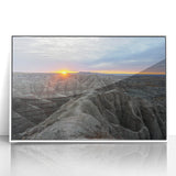 Acrylic print of Badlands scenery in South Dakota, with muted earth tones, framed in white.