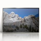 Mid-century modernist art of Mt. Rushmore in muted earth tones on a framed acrylic, ideal for modern art wall decor.