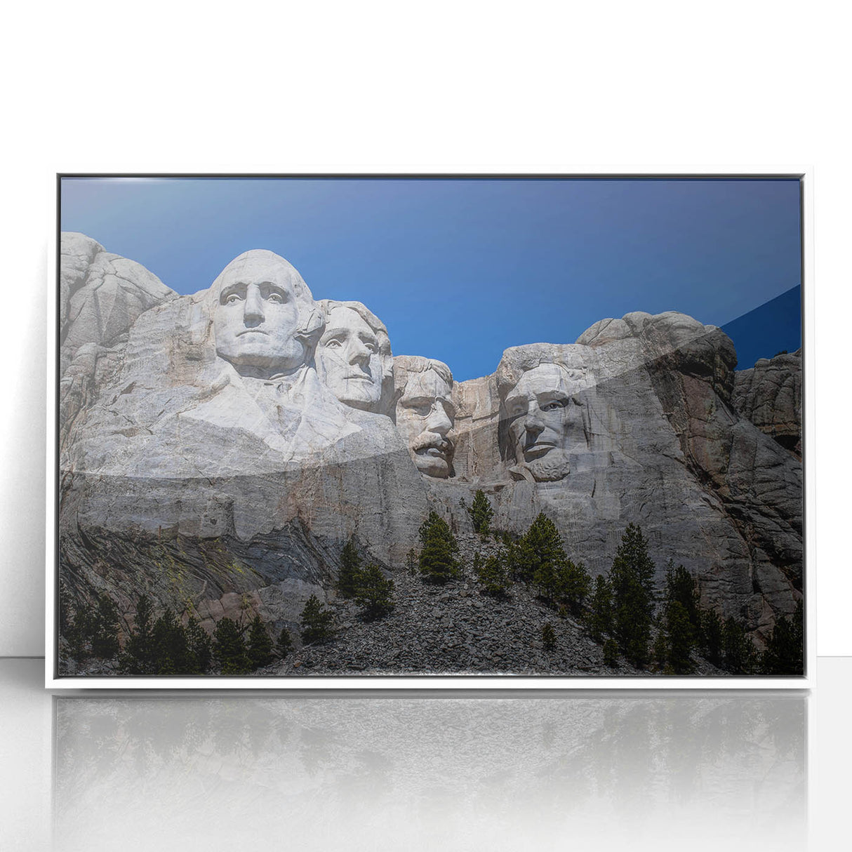 Framed acrylic print of Mt. Rushmore in monochrome, ideal for modern art wall decor.