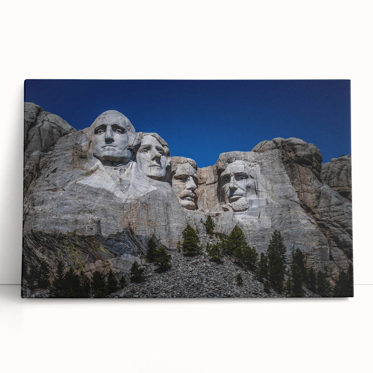 Black and white stretched canvas of Mt. Rushmore, ideal for kitchen wall art or bedroom decor.