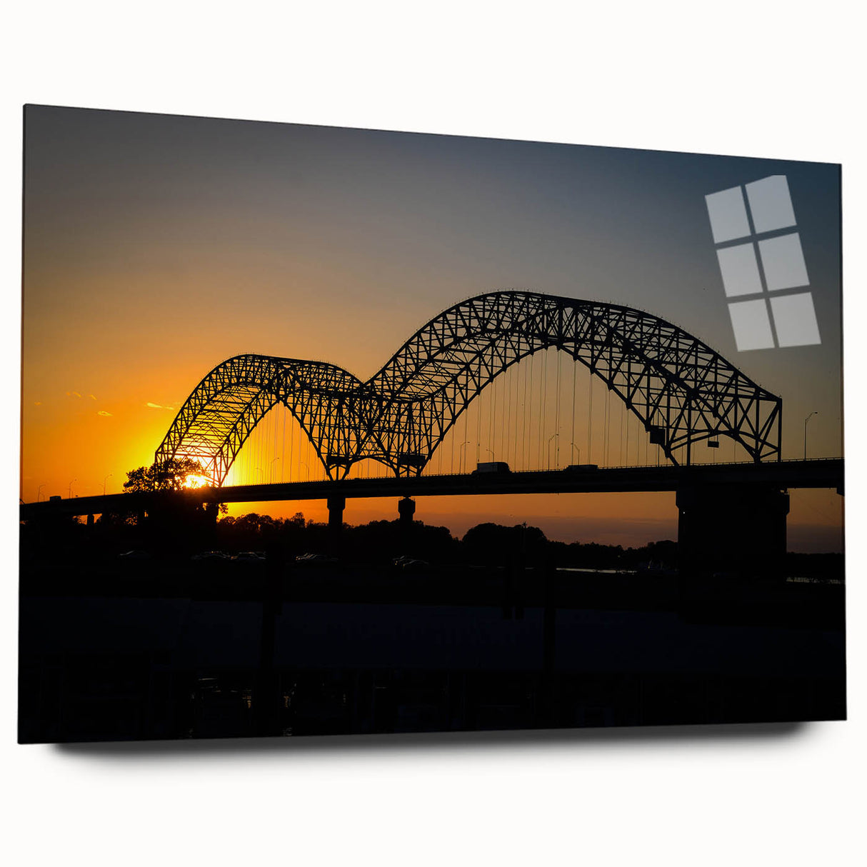 Large abstract depiction of Memphis, Tennessee on acrylic glass, featuring bold blues and oranges.