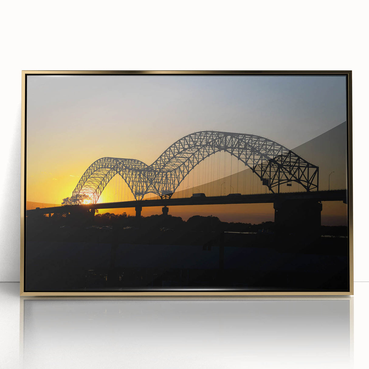 Framed acrylic print of Memphis skyline in gold and blue tones, ideal for modern art wall decor.