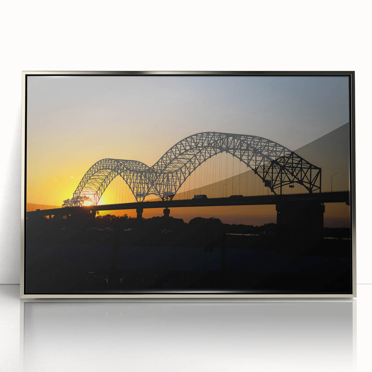 Mid-century modernist art of Memphis skyline in silver framed acrylic, featuring muted blues and grays.