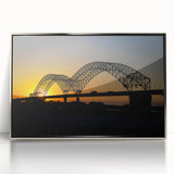 Mid-century modernist art of Memphis skyline in silver framed acrylic, featuring muted blues and grays.