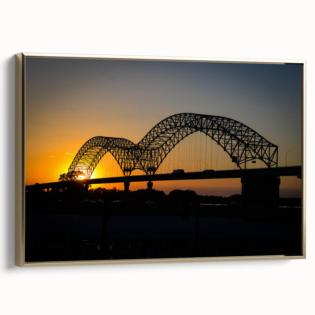 Framed canvas of Memphis landscape in muted gold and black tones, ideal for bedroom wall art.