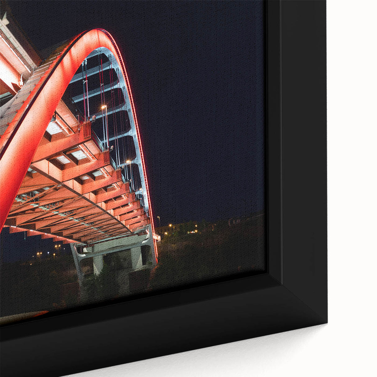 Framed canvas depicting a textured, colorful Nashville skyline on a black background.