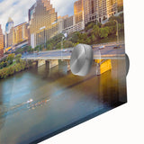 Large abstract depiction of Austin, Texas, in vibrant blues and oranges on acrylic glass, ideal for dining room art.