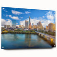 Acrylic print of the Austin, Texas skyline in muted blue and gray tones, suitable for bedroom or dining room decor.