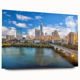 Acrylic print of a large abstract depiction of Austin, Texas in muted earth tones, ideal for bedroom or dining room art.