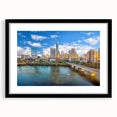 Abstract art print depicting a textured, colorful depiction of the Austin skyline on a large framed canvas.