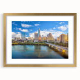 Extra large abstract art print of Austin skyline in textured gold frame, ideal for living room decor.