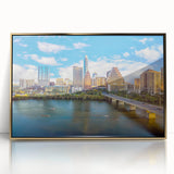 Acrylic print of Austin, Texas skyline in muted gold tones, framed, ideal for modern art wall decor.