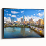 Black and white framed canvas of Austin landscape, ideal for bedroom wall art with a vintage poster style.