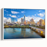 Vintage poster art of Austin, Texas skyline in colorful hues on extra-large framed canvas, ideal for living room decor.