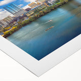 Art deco poster of Austin skyline in muted earth tones on rolled canvas, suitable for dining room wall art.