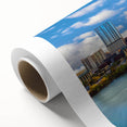 Art deco poster of Austin skyline in pastel shades on rolled canvas, ideal for nursery wall art.