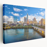 Austin, Texas skyline depicted in muted earth tones on a large stretched canvas, suitable for kitchen wall art.