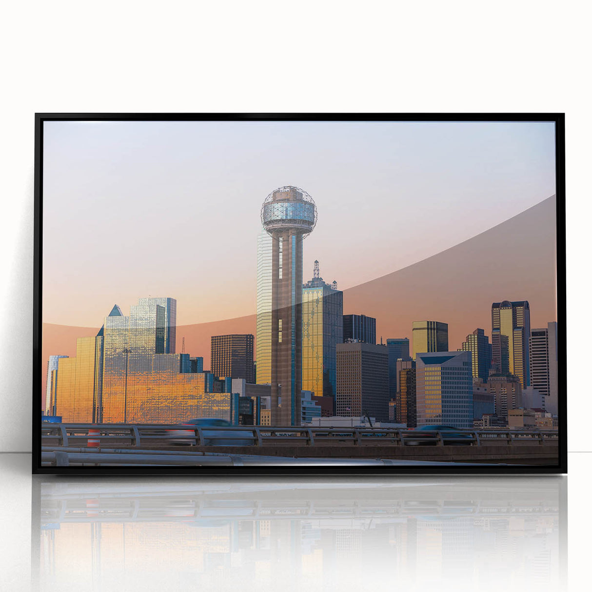 Framed acrylic print of a large abstract depiction of the Dallas skyline in muted gray and blue tones.