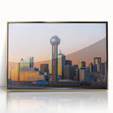 Acrylic print of Dallas skyline in gold and blue tones, framed, ideal for modern art wall decor.