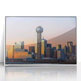 Acrylic print of Dallas skyline in art deco style with muted blue and white tones, suitable for modern nursery decor.