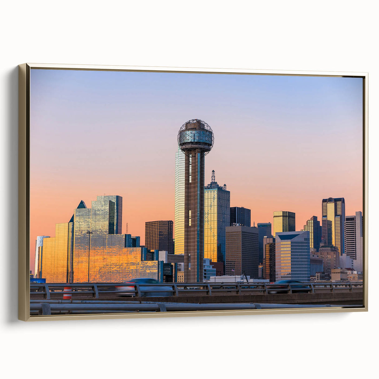 Framed canvas depicting a vintage-style Dallas landscape in black and gold, ideal for bedroom wall art.