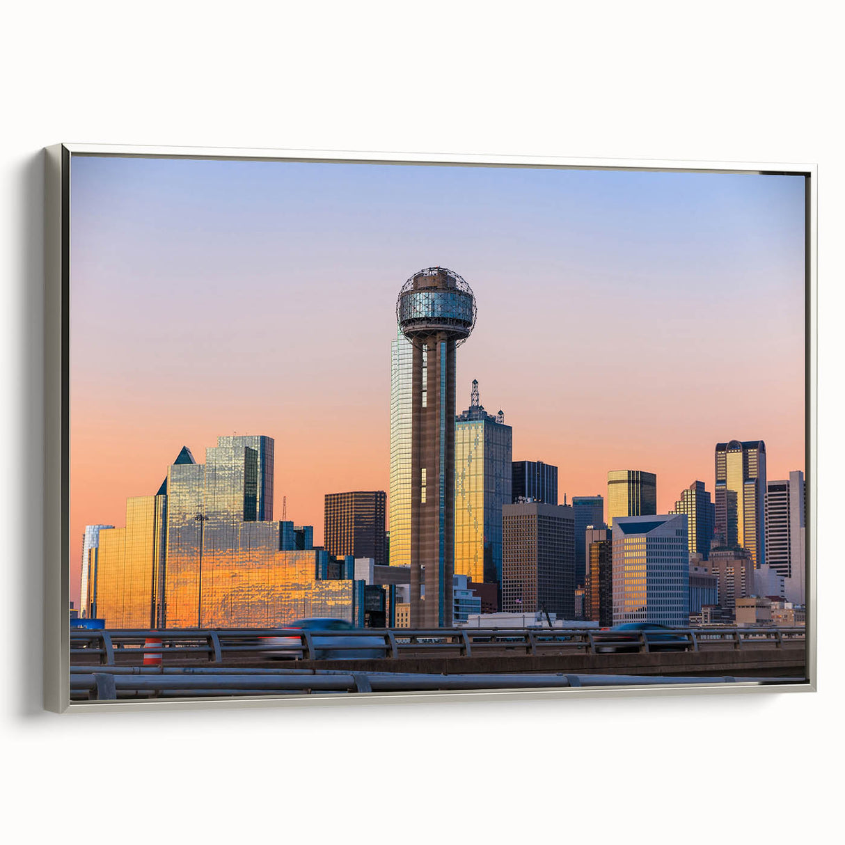 Framed canvas featuring a vintage-style Dallas landscape in colorful art tones, ideal for office decor.