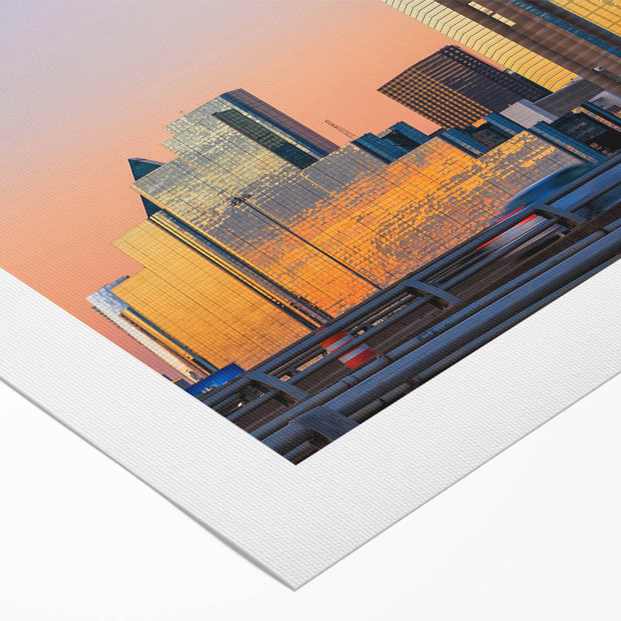 Art deco poster featuring the Dallas skyline in monochrome shades on rolled canvas, suitable for dining room decor.