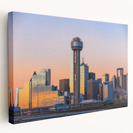 Dallas skyline depicted in muted gray and blue tones on a large stretched canvas, suitable for kitchen wall art.
