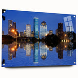 Acrylic print of a large abstract depiction of the Houston skyline in muted blue and gray tones, ideal for dining room decor.