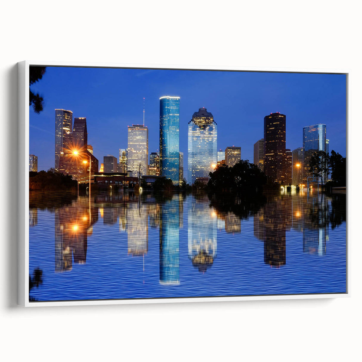 Vintage poster art of Houston skyline in colorful hues on extra large framed canvas, ideal for living room decor.
