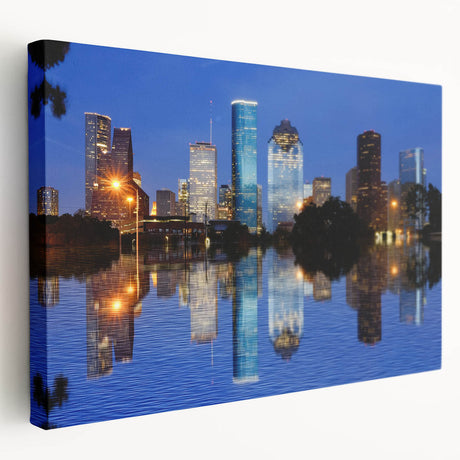 Large art depicting the Houston skyline in muted earth tones on stretched canvas, ideal for kitchen wall art.
