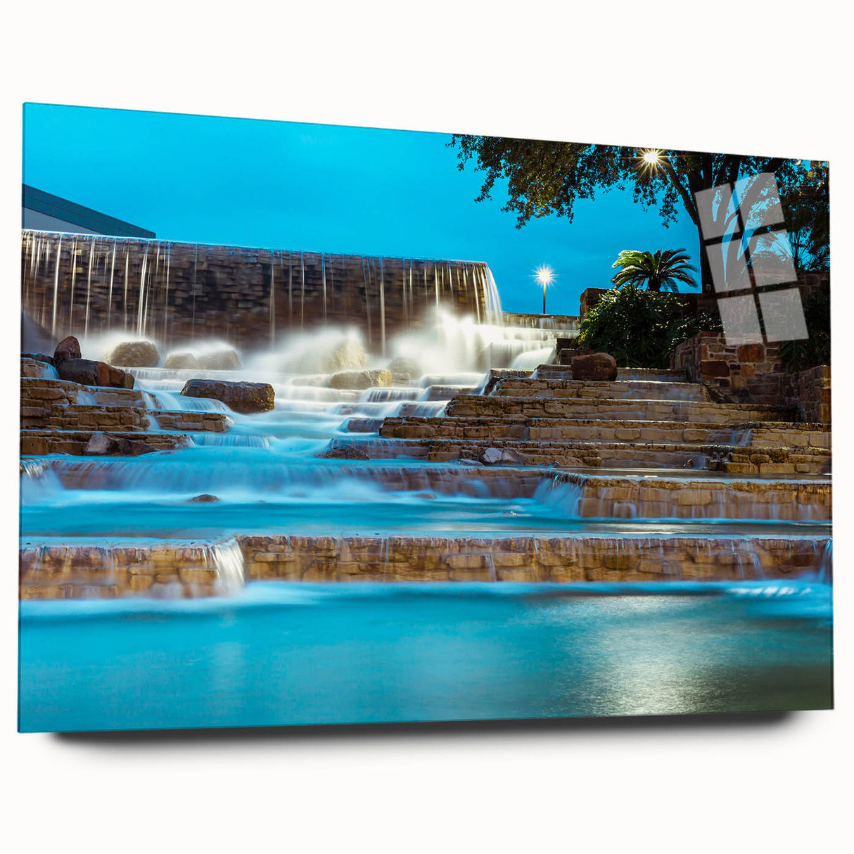 Acrylic print of a large abstract depiction of San Antonio skyline in muted blues and greens.