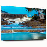 Acrylic print of a large abstract depiction of San Antonio skyline in muted blues and greens.