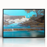 Large abstract wall art depicting San Antonio skyline in muted blue and gray tones on a framed acrylic print.