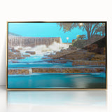 Acrylic print of San Antonio skyline in gold and blue tones, framed, ideal for modern art wall decor.