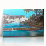 Mid-century modernist art depicting San Antonio skyline in silver acrylic frame, ideal for nursery wall decor.