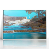 Acrylic print of San Antonio skyline featuring art deco style with muted blue and white tones.