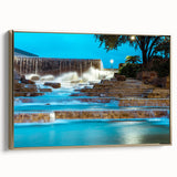 Framed canvas wall art featuring a vintage-style landscape painting of San Antonio, Texas, with muted gold and black tones.