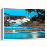 Vintage poster art of San Antonio skyline in vibrant colors on a large framed canvas, ideal for living room decor.