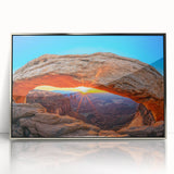 Framed acrylic print of Arches National Park in muted earth tones, styled in mid-century modernist art.