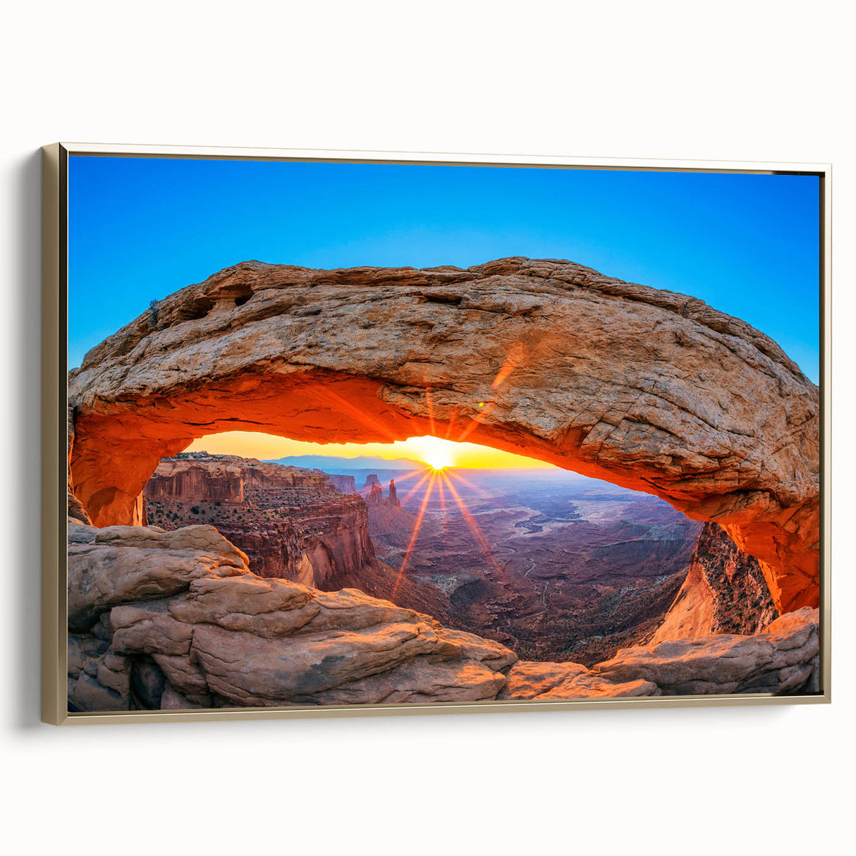 Framed canvas depicting Arches National Park in muted earth tones, ideal for bedroom wall art.