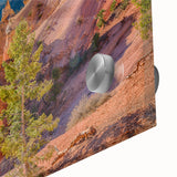 Mid-century modernist Bryce Canyon landscape in muted earth tones on large acrylic glass, ideal for dining room art.
