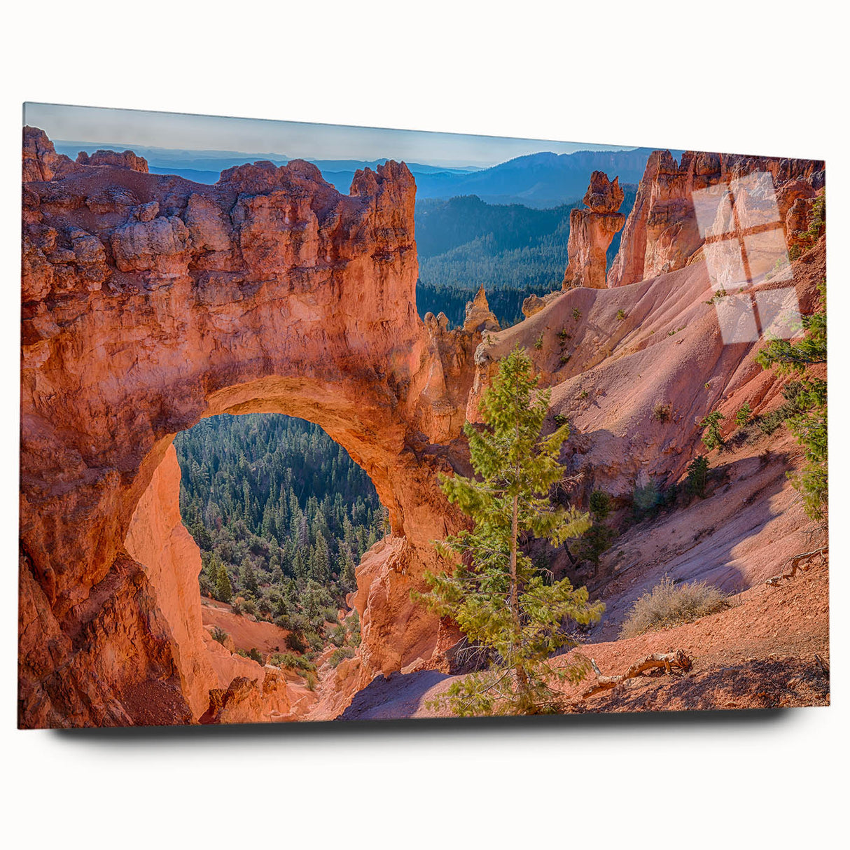 Large abstract depiction of Bryce Canyon in muted orange and red tones on acrylic glass.