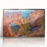 Mid-century modernist art of Bryce Canyon in silver-framed acrylic, featuring earthy red and orange tones.