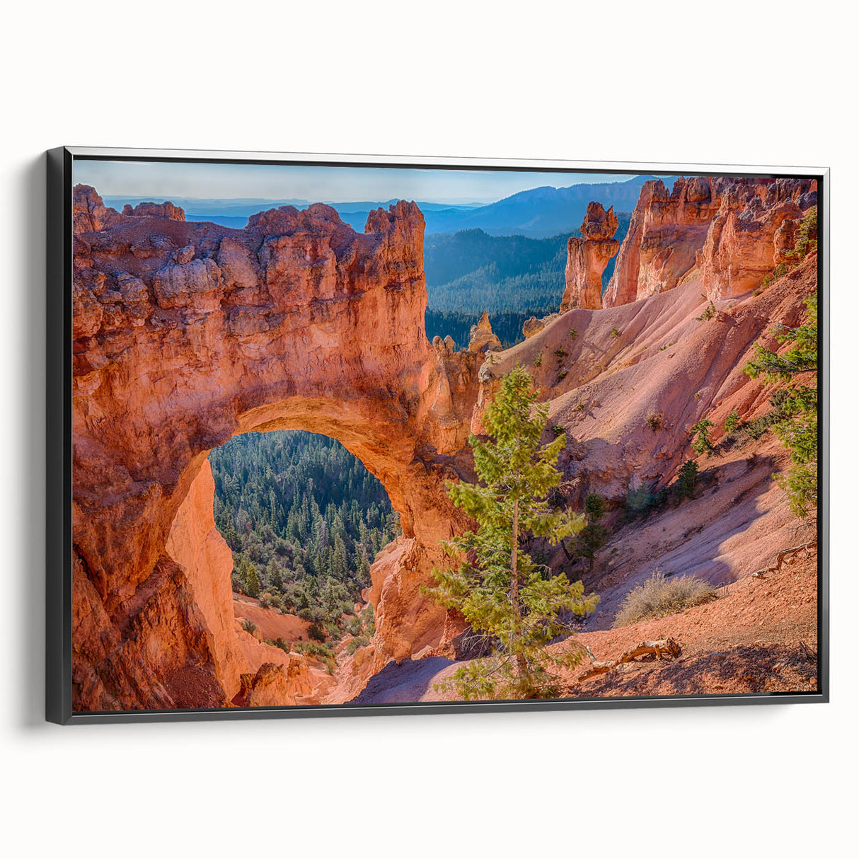 Black and white wall art of Bryce Canyon on framed canvas, ideal for bedroom decor, featuring vintage poster style.