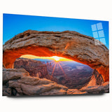 Large abstract wall art of Utah Canyonlands in muted earth tones on acrylic glass, suitable for bedroom or dining room decor.