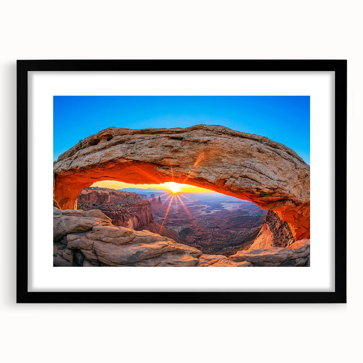 Extra large, textured abstract art print of colorful Utah Canyonlands on a black framed canvas, ideal for living room decor.
