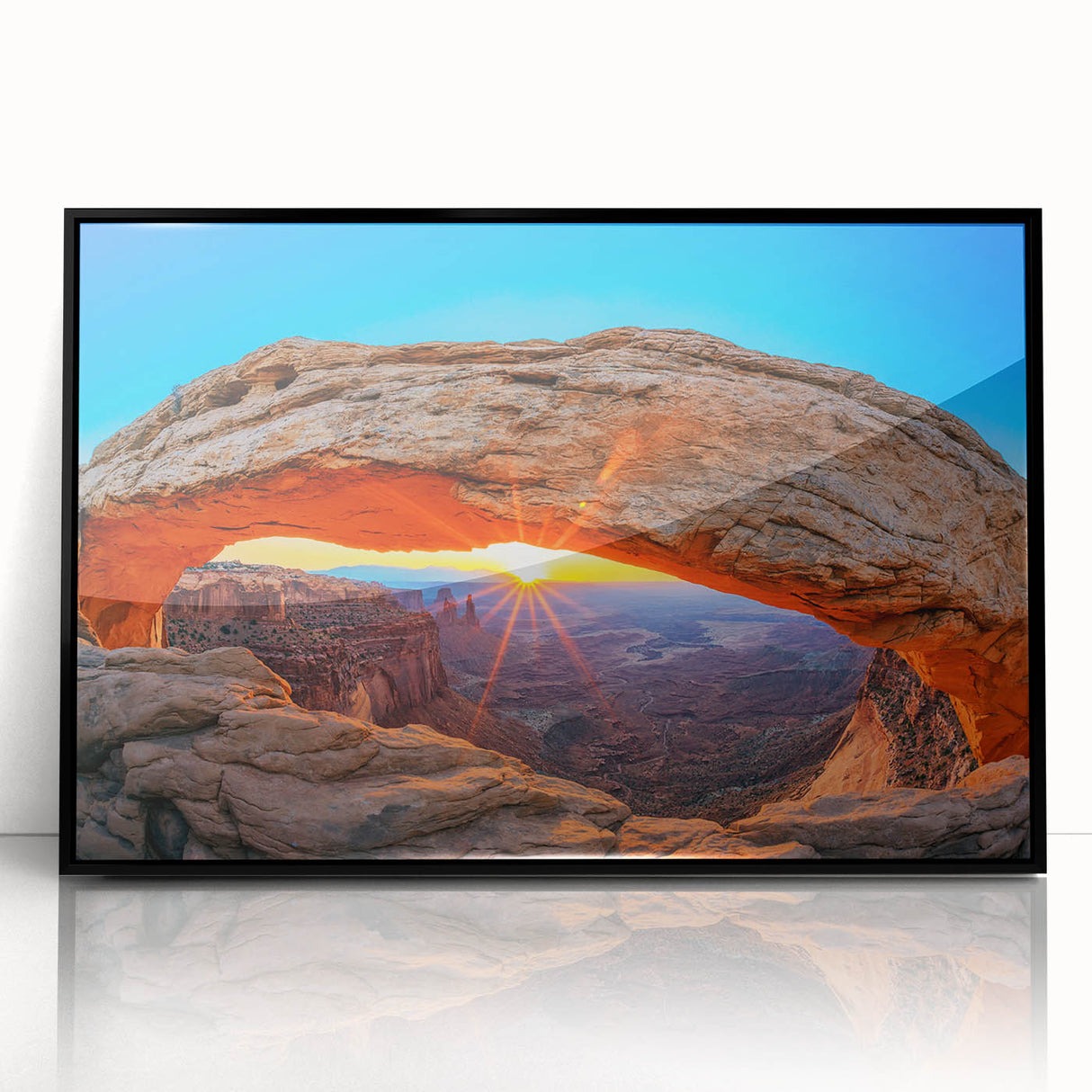 Large abstract wall art of Utah's Canyonlands in mid-century modernist style, acrylic print in black frame.